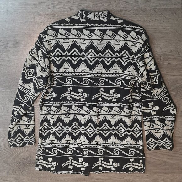 80s Vintage Black/Grey Mandarin Collar Aztec Pattern Cotton Woven Jacket - Picture 13 of 14